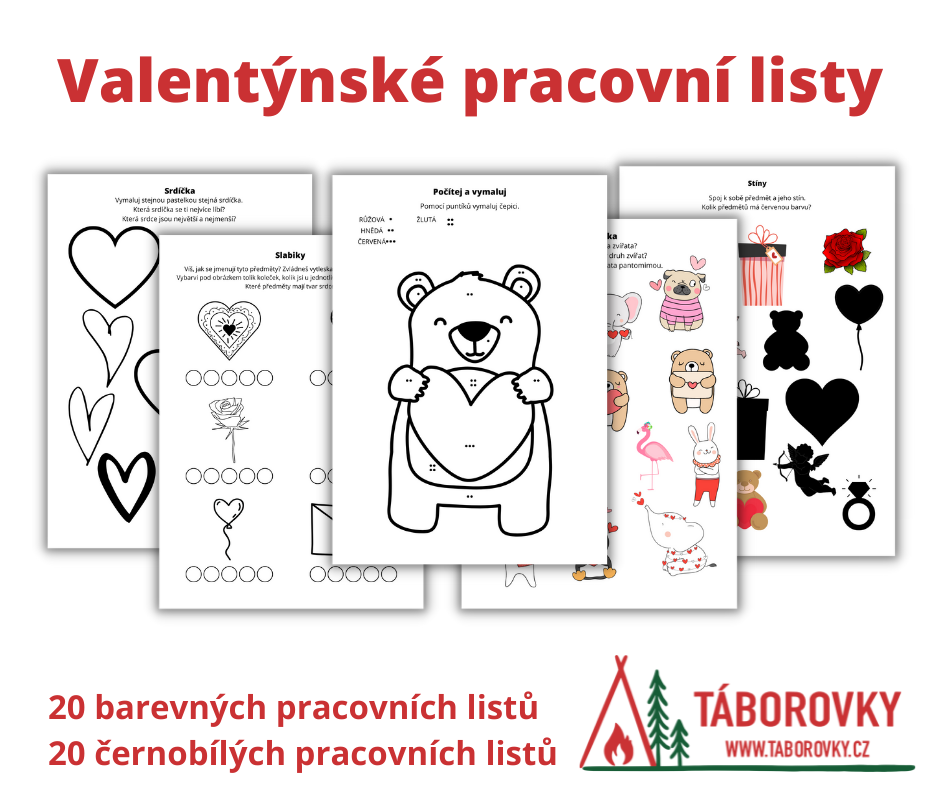 Valentýnské pracovní listy pro děti plné srdíček, medvídků a čokoládek